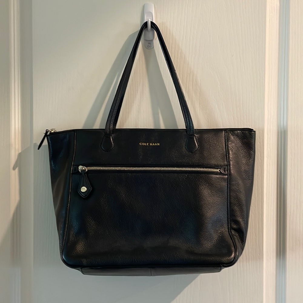 Cole Haan Black Leather Dimitra Tote Zip Top Shoulder Work Bag